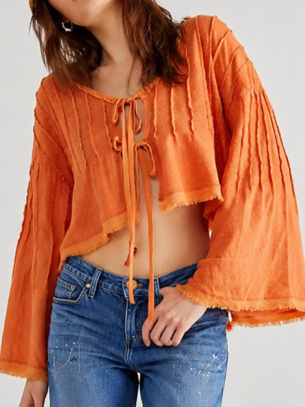 Free People Summer Nights Top XS Rust Orange Pleated Raw Hem Bell Sleeve Boho Li